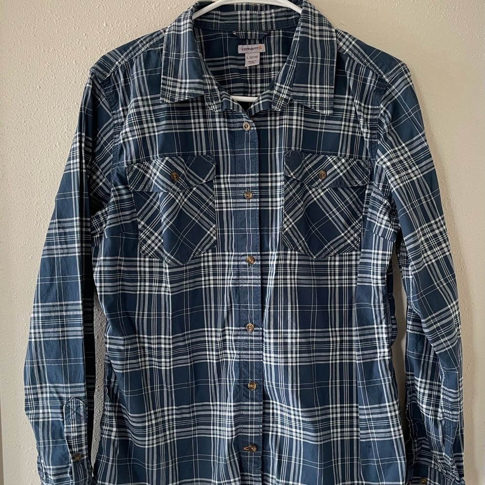 Carhartt Women's Large 12 14 Navy Cotton Plaid Button Down Shirt